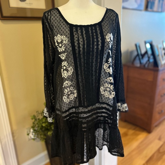 Free People Black Sheer Blouse with White Embroidery - Picture 8 of 13